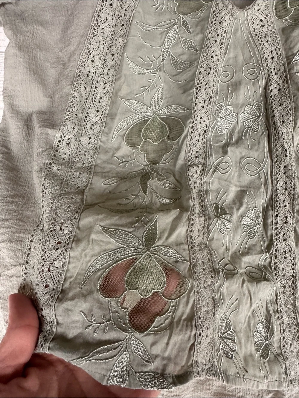 NWOT Free People Green Moss Sivan Embroidered Boho Top Sheer Appliques | Size M